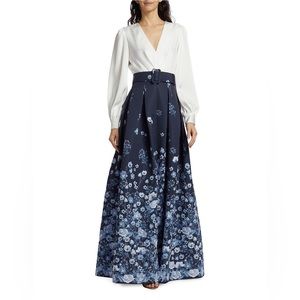 Sachin + Babi Navy and White Floral Long Dress with Belted Waist